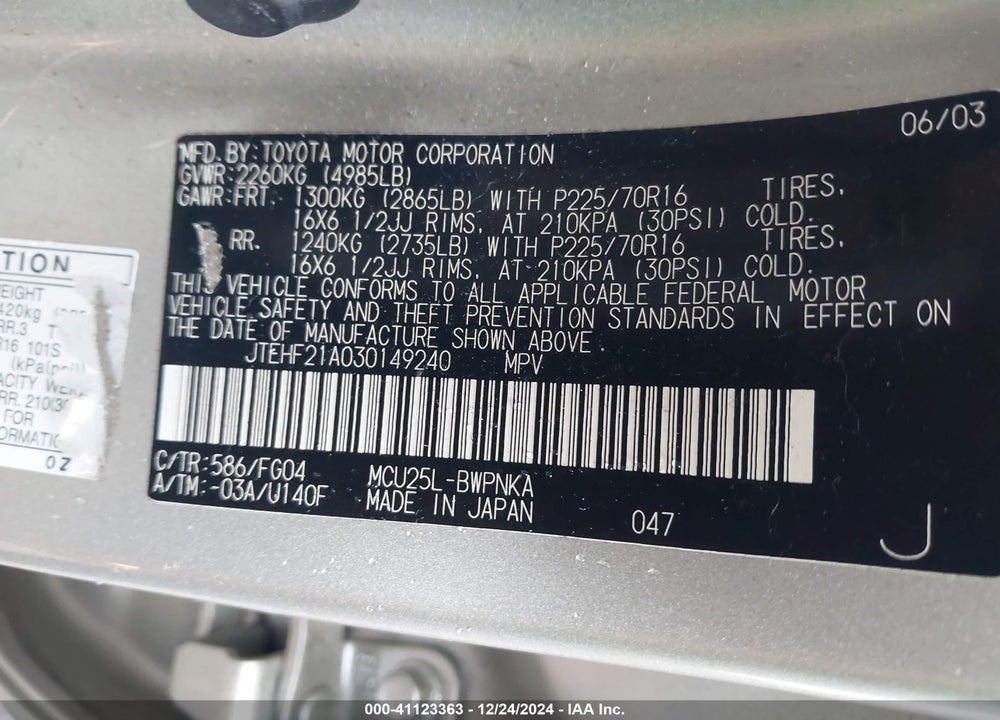 2003 TOYOTA HIGHLANDER V6 VIN: JTEHF21A030149240