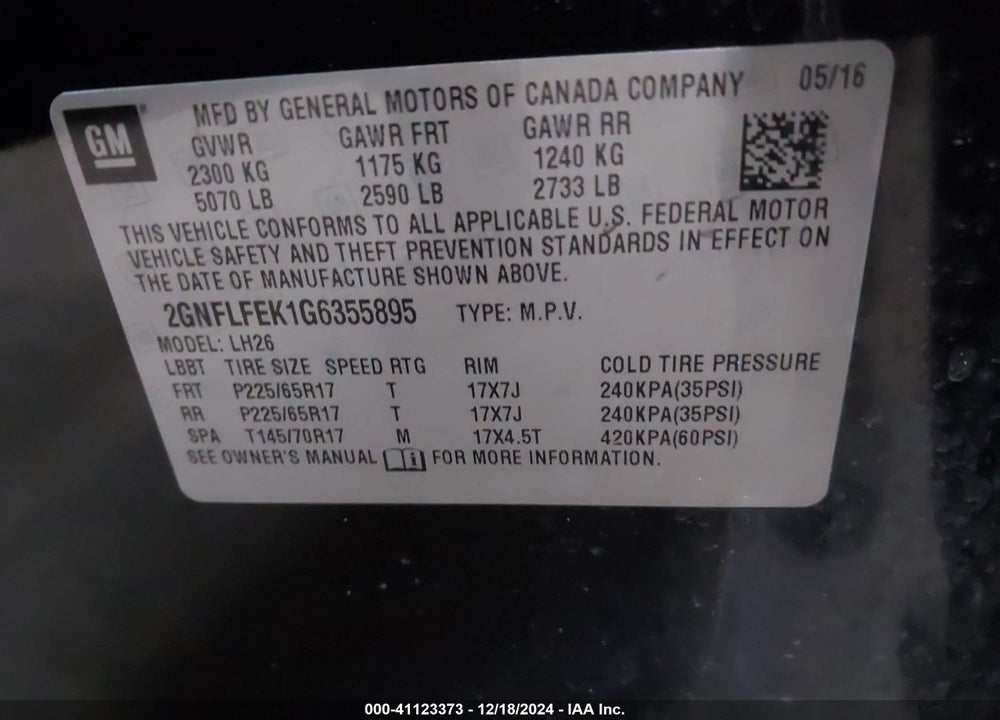 2016 CHEVROLET EQUINOX LT VIN: 2GNFLFEK1G6355895
