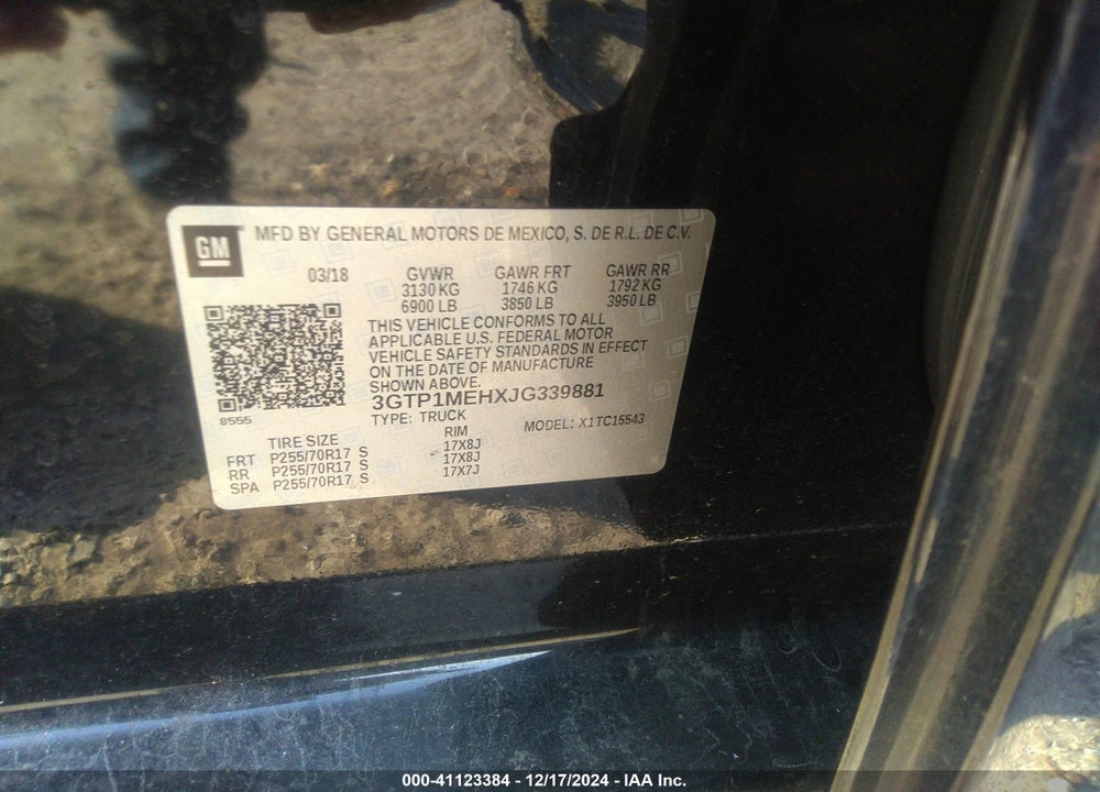 2018 GMC SIERRA 1500 VIN: 3GTP1MEHXJG339881