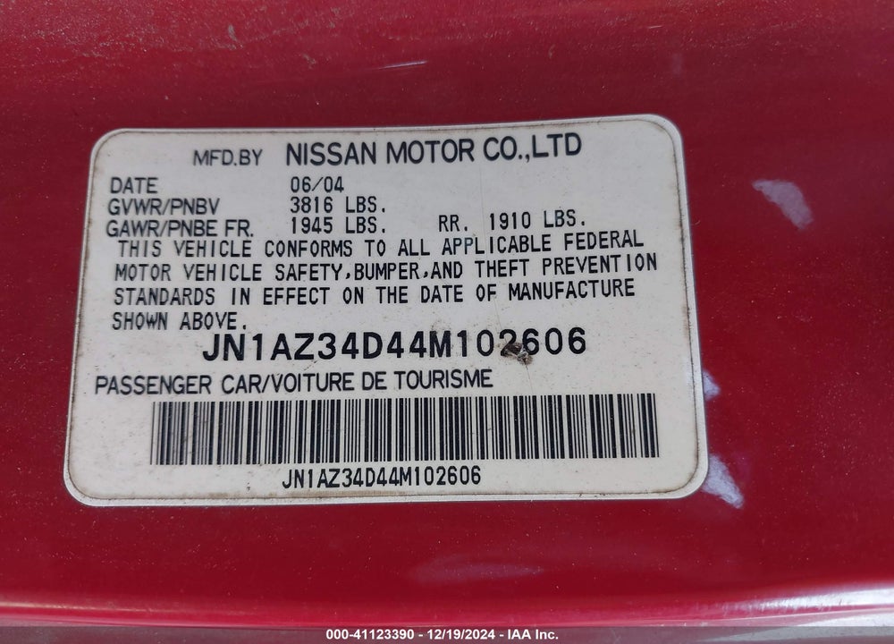 2004 NISSAN 350Z VIN: JN1AZ34D44M102606