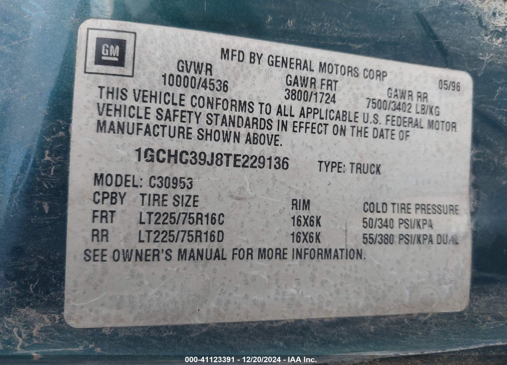 1996 CHEVROLET GMT-400 C3500 VIN: 1GCHC39J8TE229136
