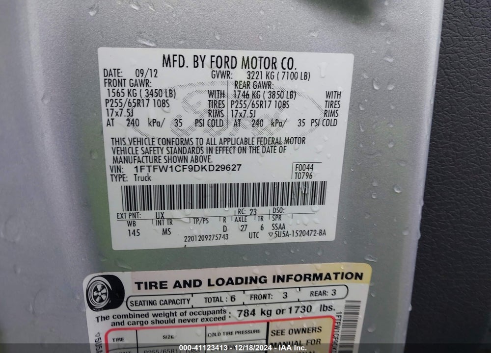 2013 FORD F-150 VIN: 1FTFW1CF9DKD29627