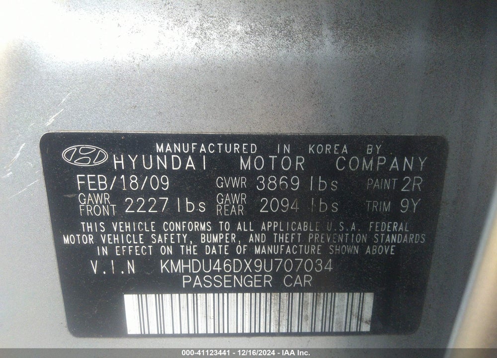 2009 HYUNDAI ELANTRA GLS VIN: KMHDU46DX9U707034