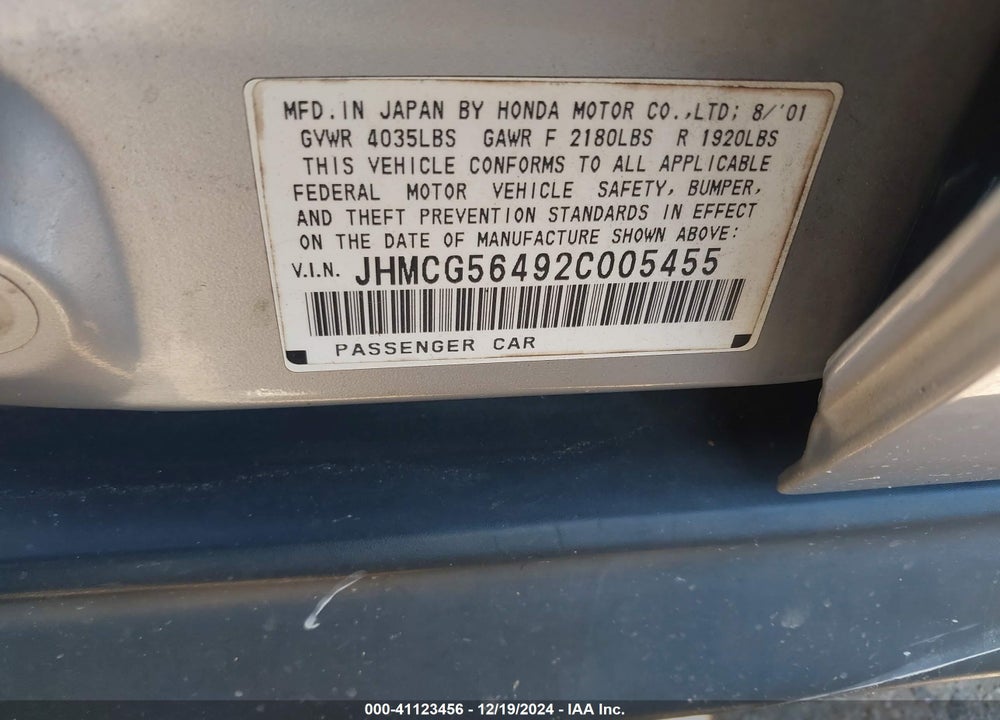 2002 HONDA ACCORD 2.3 LX VIN: JHMCG56492C005455