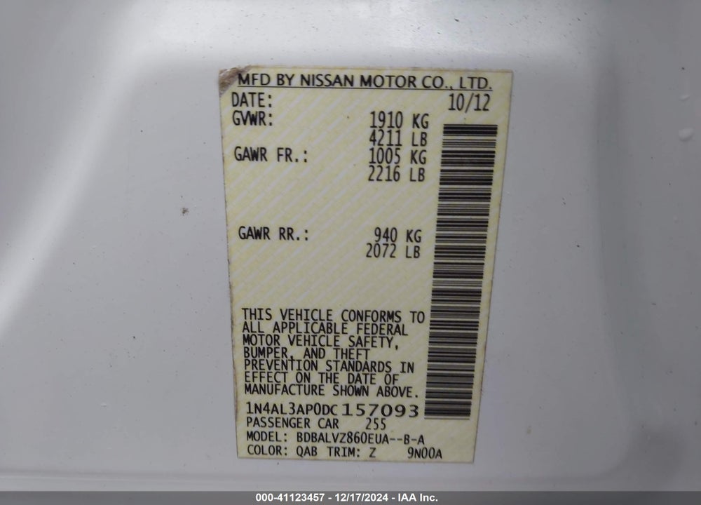 2013 NISSAN ALTIMA 2.5 SL VIN: 1N4AL3AP0DC157093