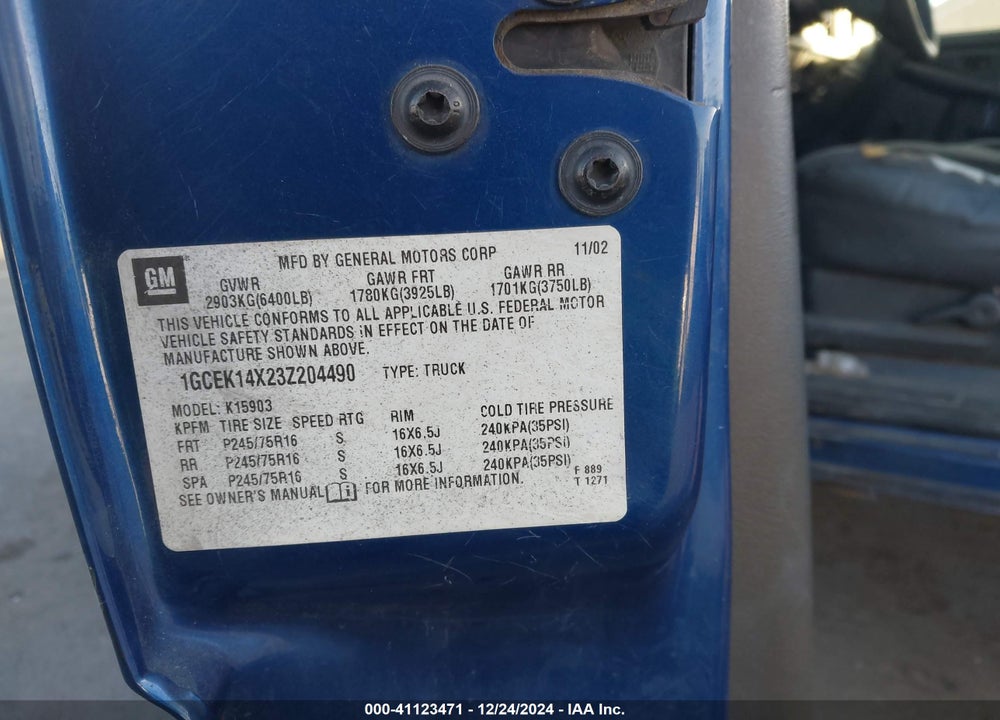 2003 CHEVROLET SILVERADO 1500 WORK TRUCK VIN: 1GCEK14X23Z204490