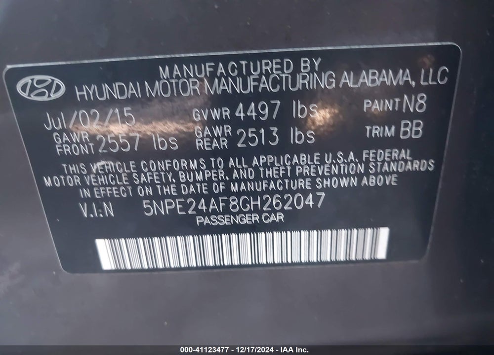 2016 HYUNDAI SONATA VIN: 5NPE24AF8GH262047
