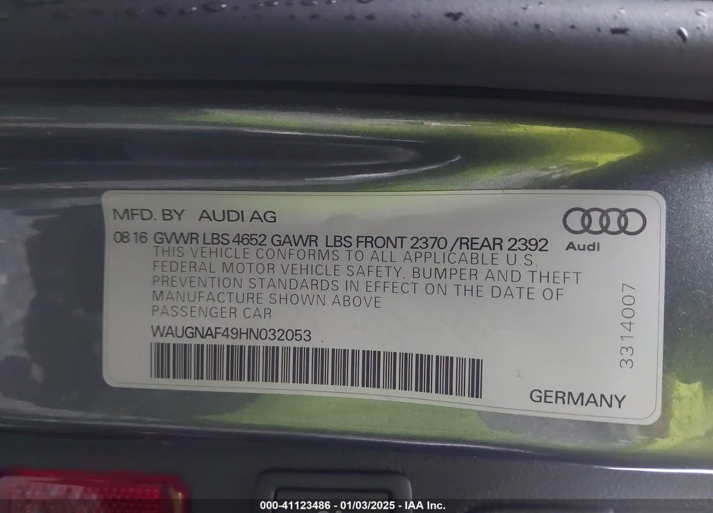 2017 AUDI A4 PREMIUM AUTOMATIC VIN: WAUGNAF49HN032053