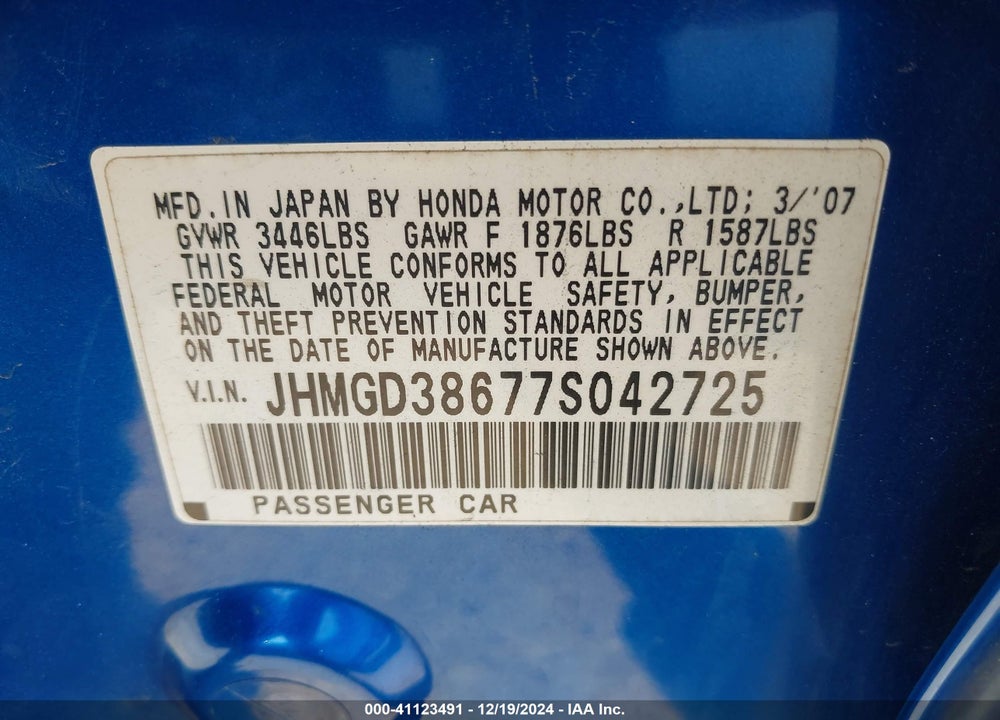 2007 HONDA FIT SPORT VIN: JHMGD38677S042725