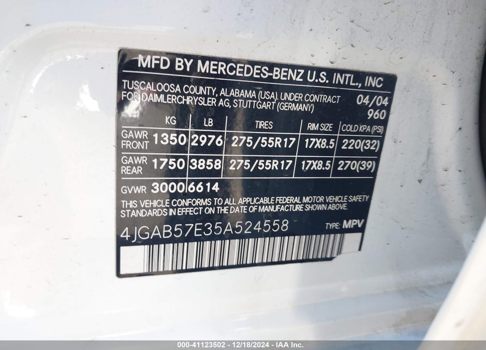 2005 MERCEDES-BENZ ML 350 4MATIC VIN: 4JGAB57E35A524558