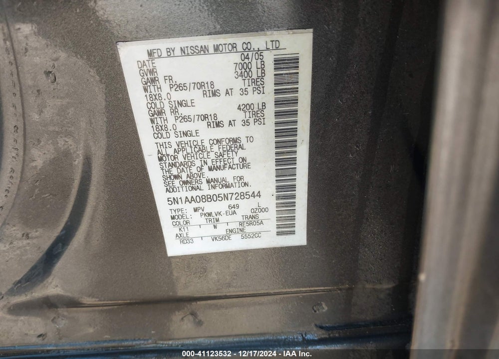 2005 NISSAN ARMADA LE VIN: 5N1AA08B05N728544
