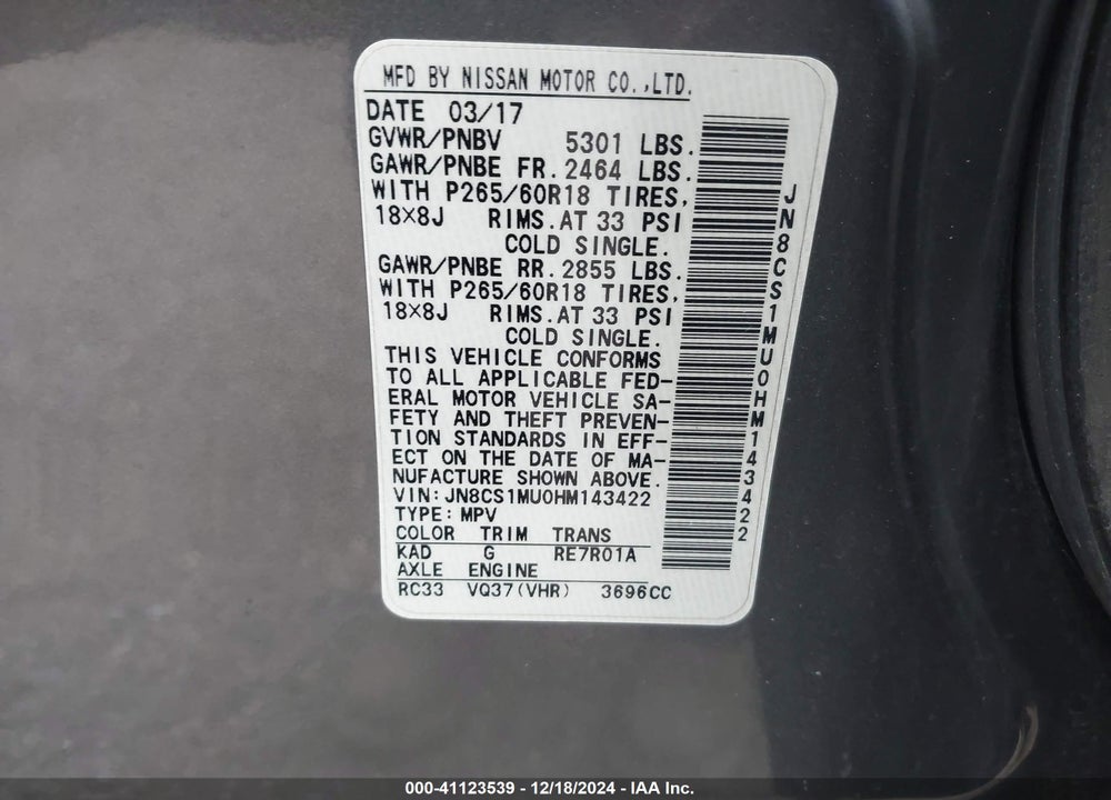2017 INFINITI QX70 VIN: JN8CS1MU0HM143422