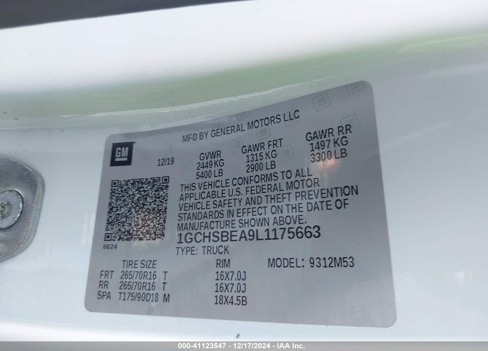 2020 CHEVROLET COLORADO 2WD LONG BOX WT VIN: 1GCHSBEA9L1175663