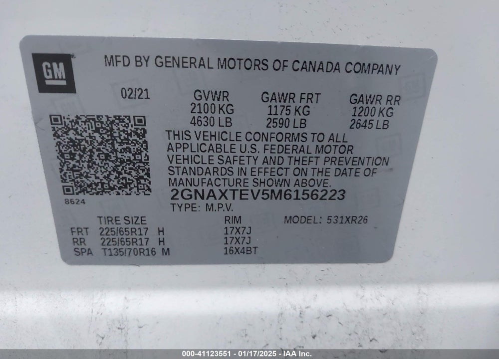 2021 CHEVROLET EQUINOX AWD 2FL VIN: 2GNAXTEV5M6156223