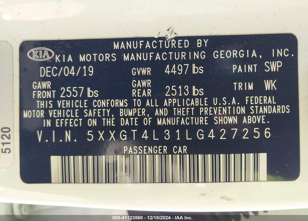 2020 KIA OPTIMA VIN: 5XXGT4L31LG427256