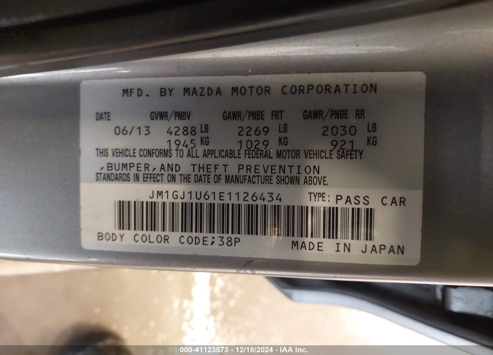 2014 MAZDA 6 I SPORT VIN: JM1GJ1U61E1126434