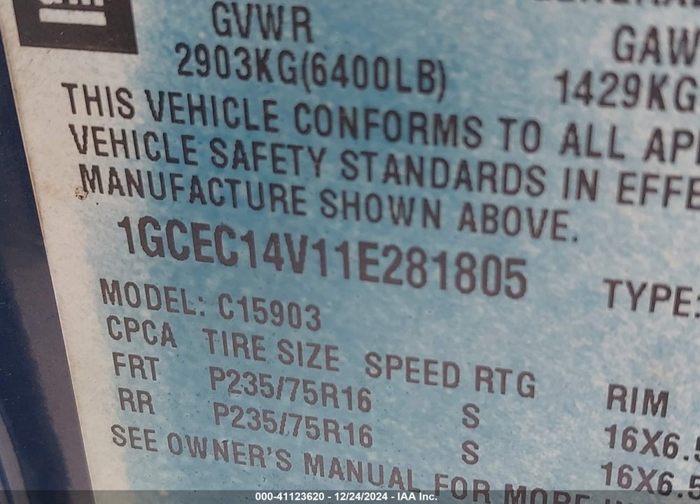 2001 CHEVROLET SILVERADO 1500 VIN: 1GCEC14V11E281805