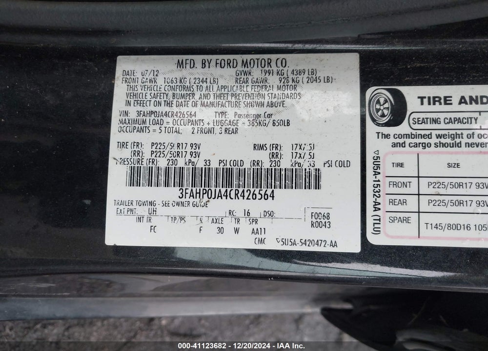 2012 FORD FUSION SEL VIN: 3FAHP0JA4CR426564
