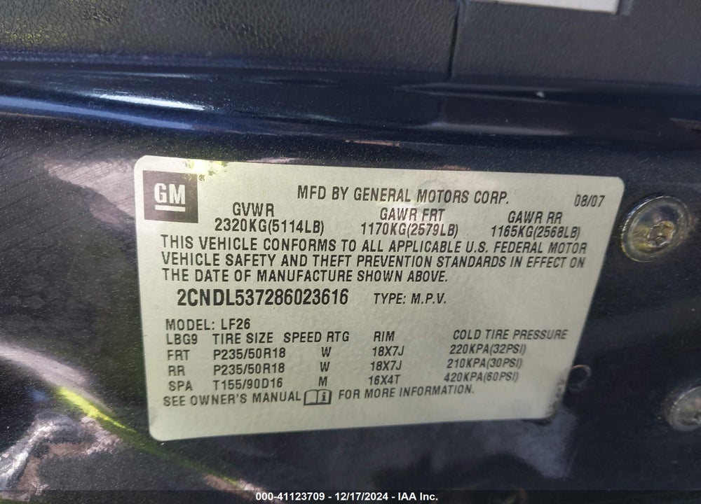 2008 CHEVROLET EQUINOX SPORT VIN: 2CNDL537286023616
