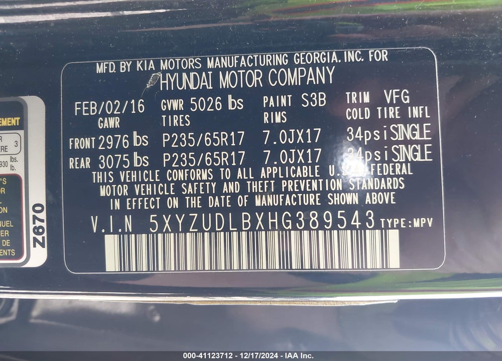 2017 HYUNDAI SANTA FE SPORT 2.4L VIN: 5XYZUDLBXHG389543