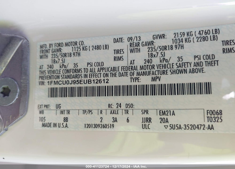 2014 FORD ESCAPE TITANIUM VIN: 1FMCU0J95EUB12612