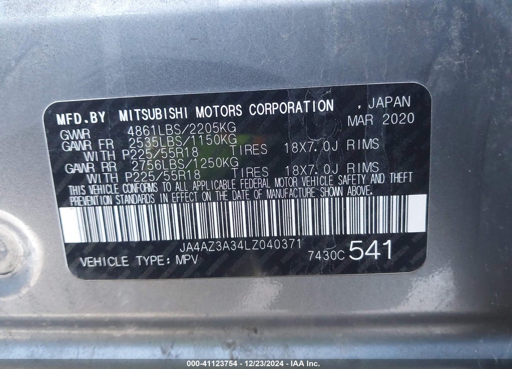 2020 MITSUBISHI OUTLANDER VIN: JA4AZ3A34LZ040371