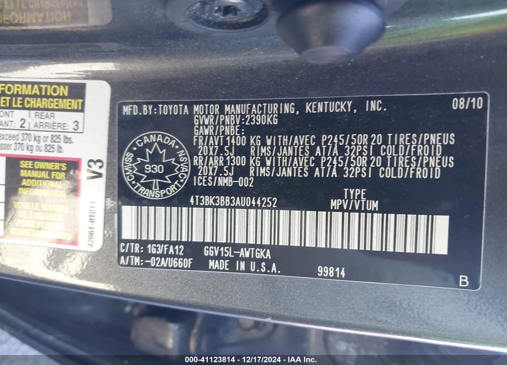 2010 TOYOTA VENZA VIN: 4T3BK3BB3AU044252