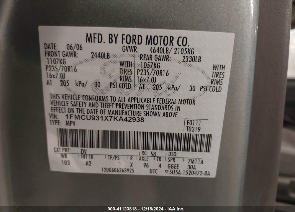 2007 FORD ESCAPE XLT/XLT SPORT VIN: 1FMCU931X7KA42938