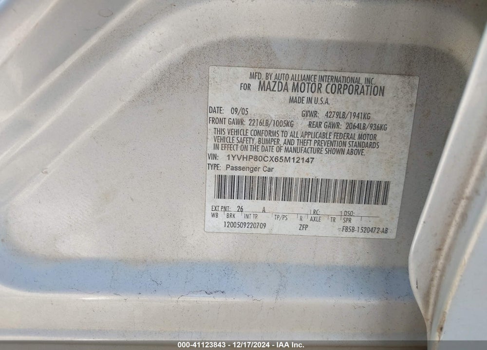 2006 MAZDA 6 VIN: 1YVHP80CX65M12147