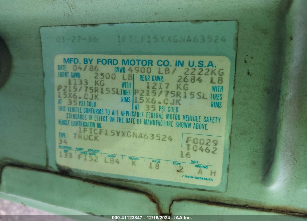1986 FORD F150 VIN: 1FTCF15YXGNA63524