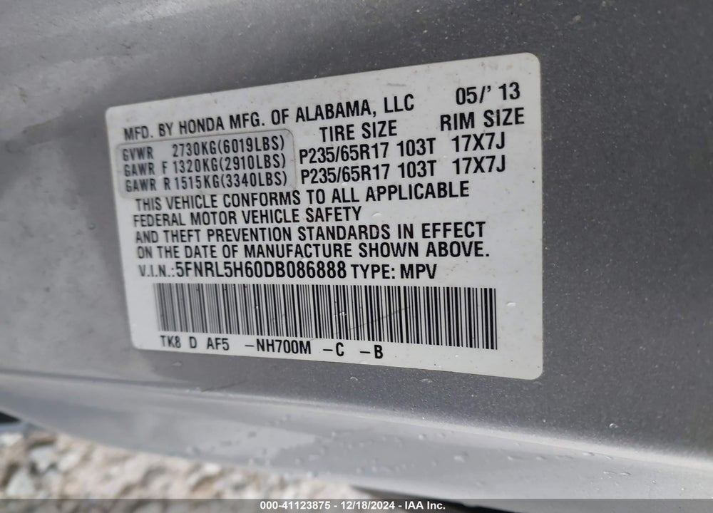 2013 HONDA ODYSSEY EX-L VIN: 5FNRL5H60DB086888