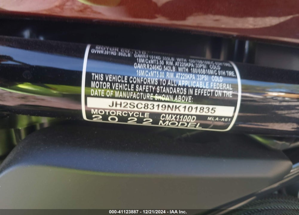 2022 HONDA CMX1100 D VIN: JH2SC8319NK101835