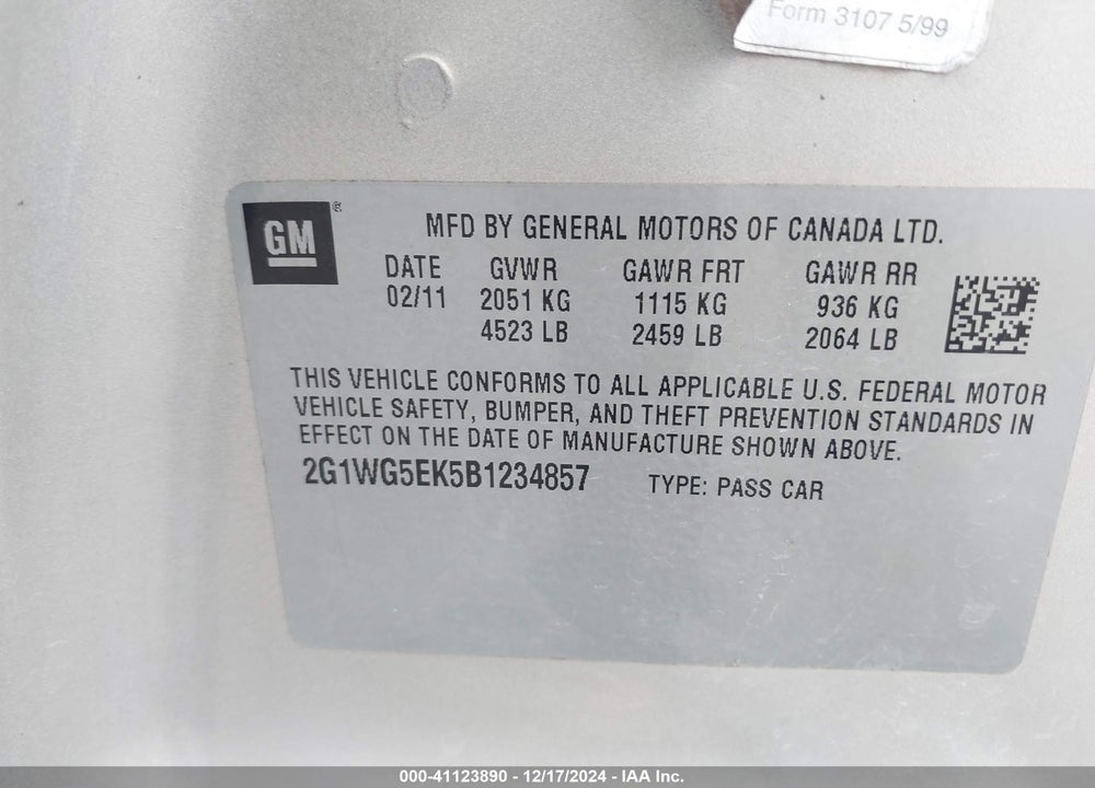 2011 CHEVROLET IMPALA LT VIN: 2G1WG5EK5B1234857