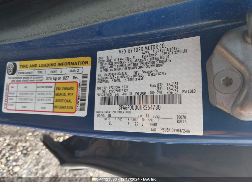 2017 FORD FUSION HYBRID S VIN: 3FA6P0UU0HR264730