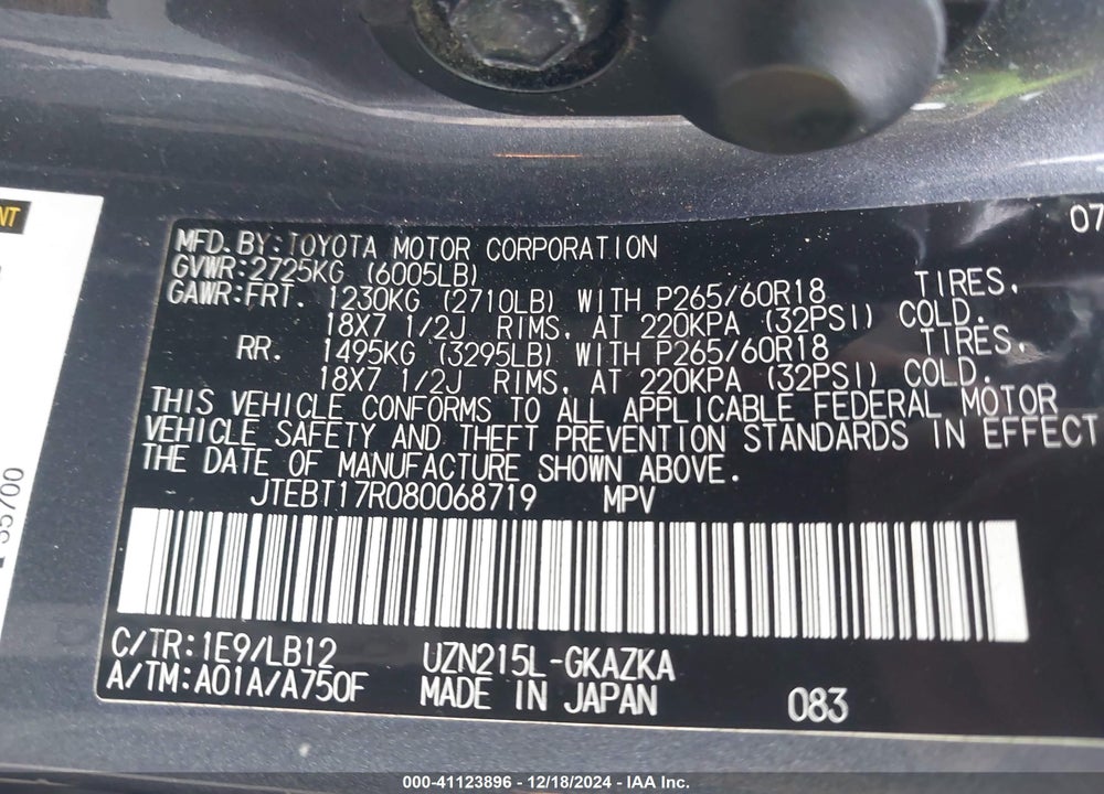 2008 TOYOTA 4RUNNER LIMITED V8 VIN: JTEBT17R080068719