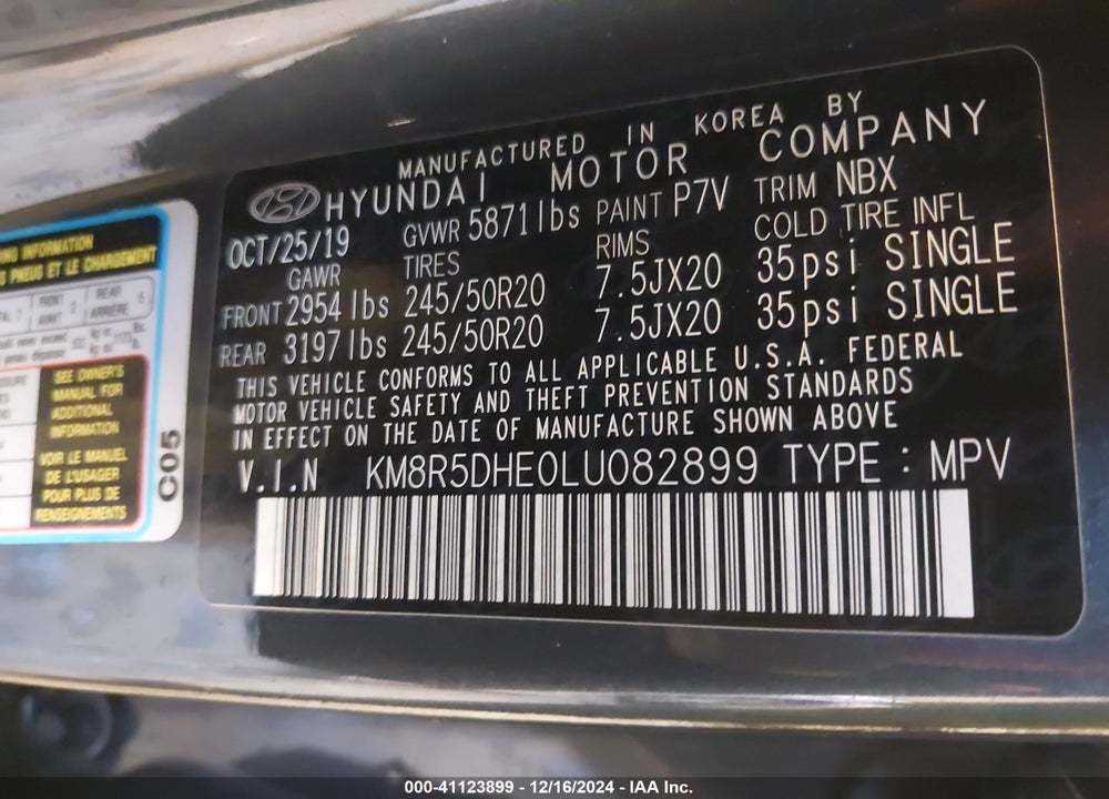 2020 HYUNDAI PALISADE LIMITED VIN: KM8R5DHE0LU082899