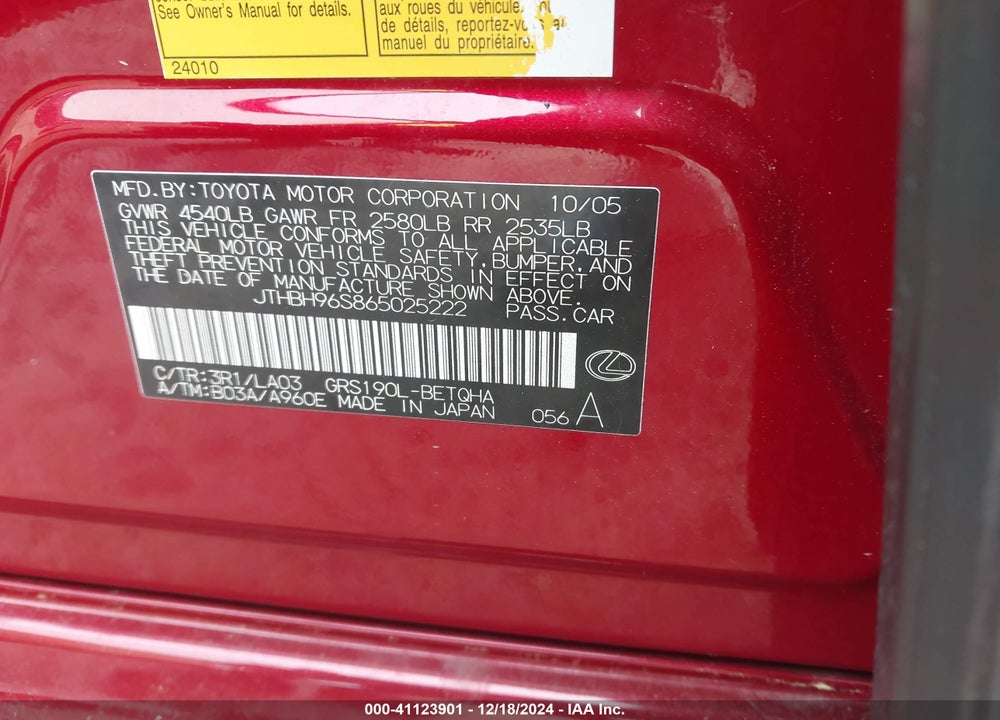 2006 LEXUS GS 300 VIN: JTHBH96S865025222