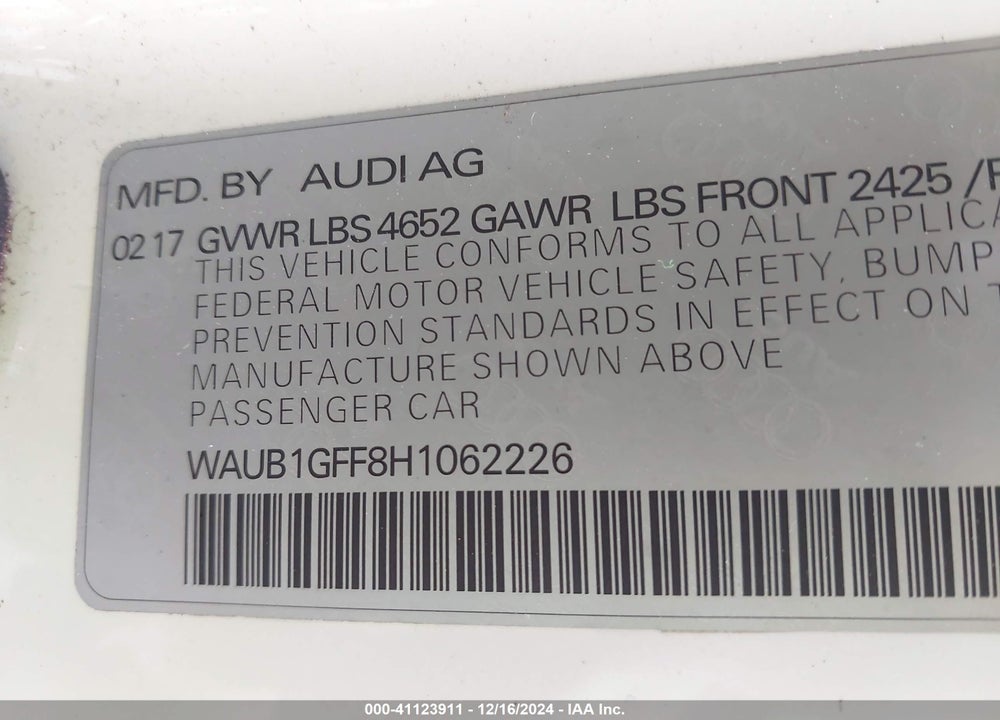 2017 AUDI S3 2.0T PREMIUM PLUS VIN: WAUB1GFF8H1062226