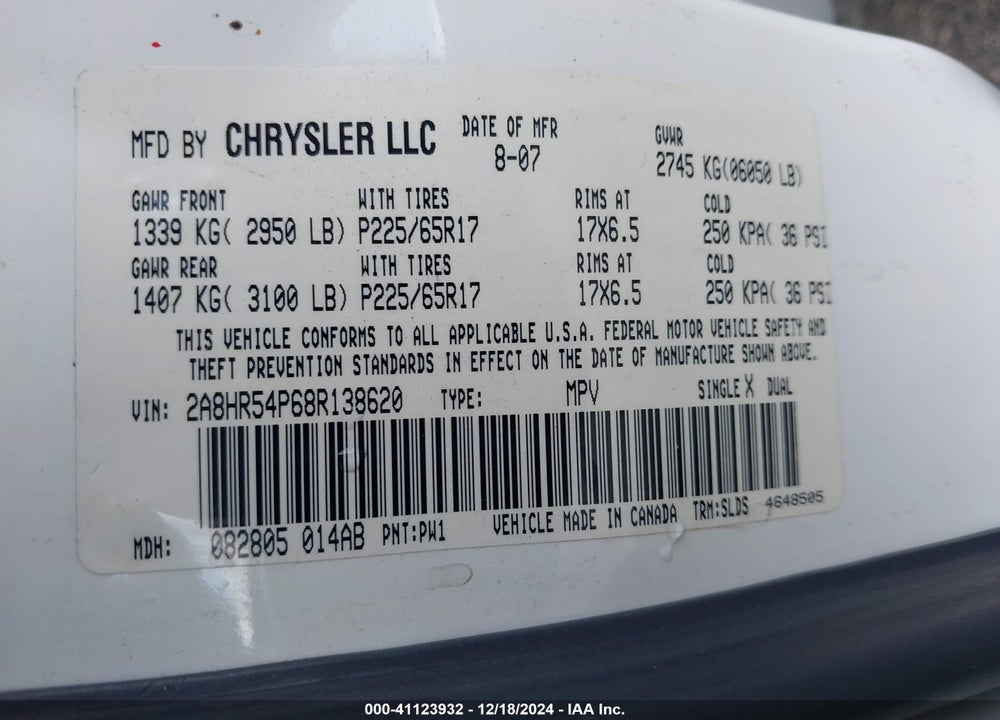 2008 CHRYSLER TOWN & COUNTRY TOURING VIN: 2A8HR54P68R138620