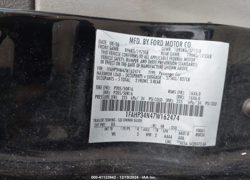 2007 FORD FOCUS S/SE/SES VIN: 1FAHP34N47W162474