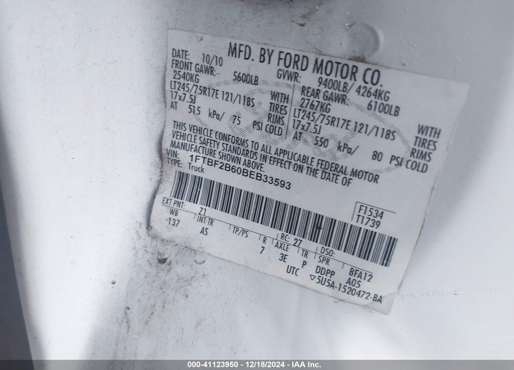 2011 FORD F-250 XL VIN: 1FTBF2B60BEB33593