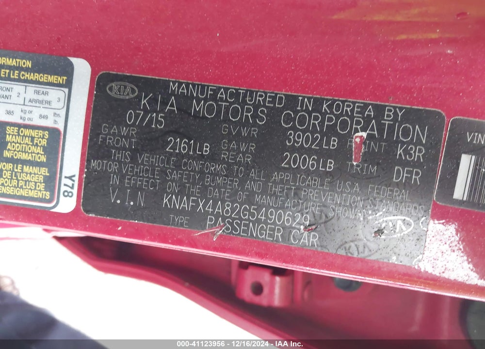 2016 KIA FORTE EX VIN: KNAFX4A82G5490629