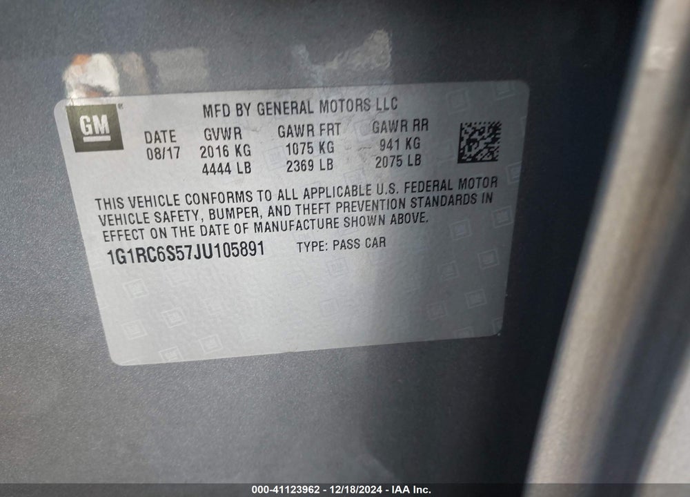 2018 CHEVROLET VOLT LT VIN: 1G1RC6S57JU105891