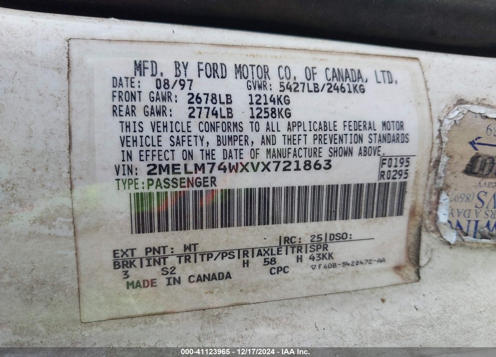 1997 MERCURY GRAND MARQUIS GS VIN: 2MELM74WXVX721863