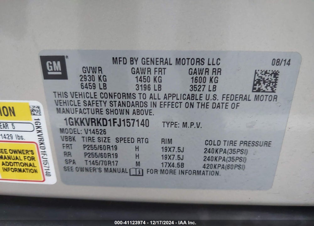 2015 GMC ACADIA SLT-1 VIN: 1GKKVRKD1FJ157140