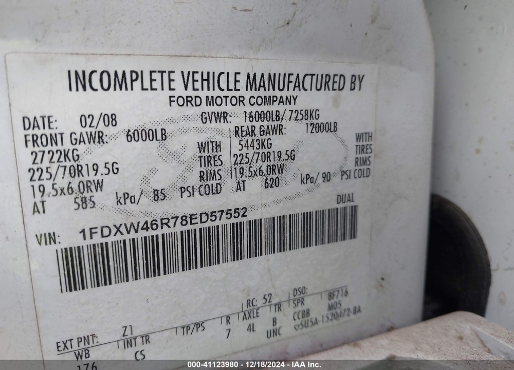 2008 FORD F-450 CHASSIS LARIAT/XL/XLT VIN: 1FDXW46R78ED57552