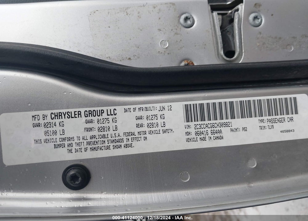 2012 CHRYSLER 300 LIMITED VIN: 2C3CCACG6CH309821