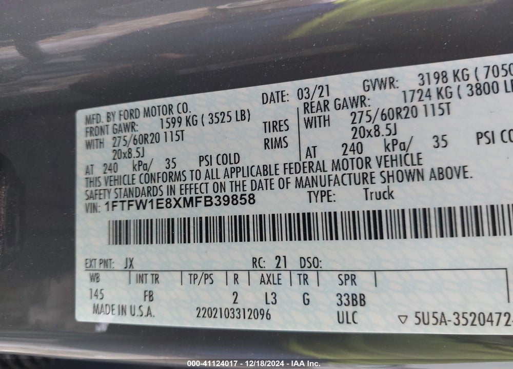 2021 FORD F150 VIN: 1FTFW1E8XMFB39858