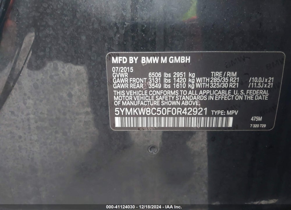 2015 BMW X6 M VIN: 5YMKW8C50F0R42921