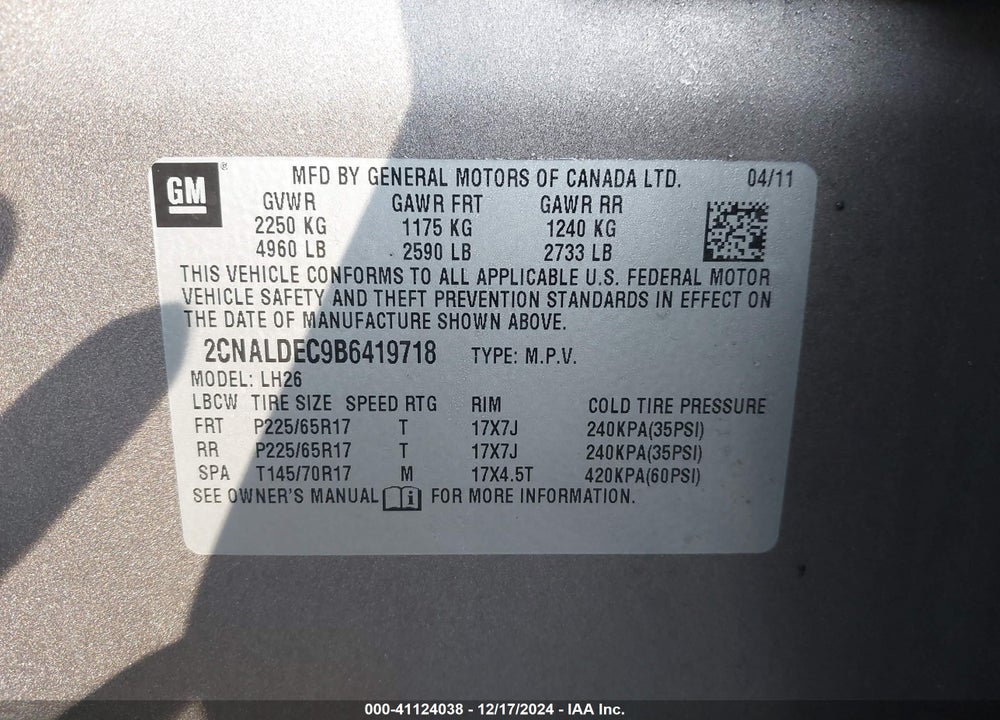 2011 CHEVROLET EQUINOX 1LT VIN: 2CNALDEC9B6419718